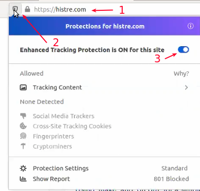 Turning off Enhanced Tracking Protection for histre.com