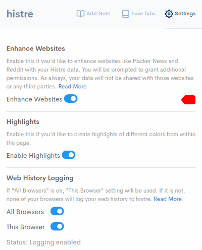 histre extension popup settings with focus on enhance websites