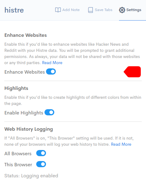 histre extension popup settings with focus on enhance websites