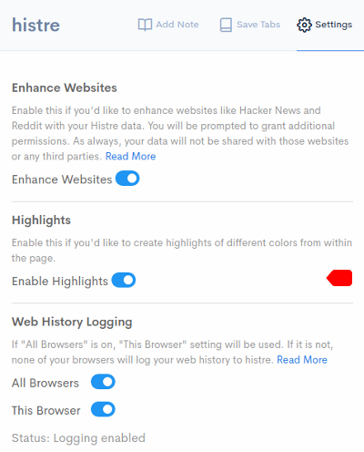 histre extension popup settings with focus on highlights