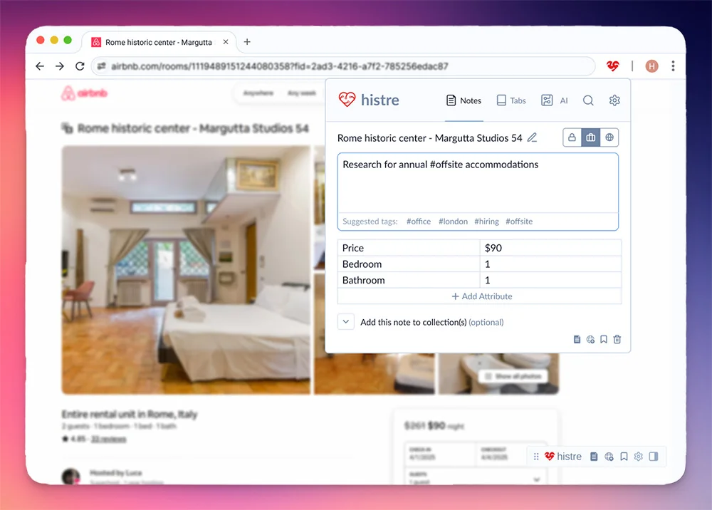 The histre extension open on an Airbnb listing, holding a note with suggested tags and a small table of price, bedroom and bathroom