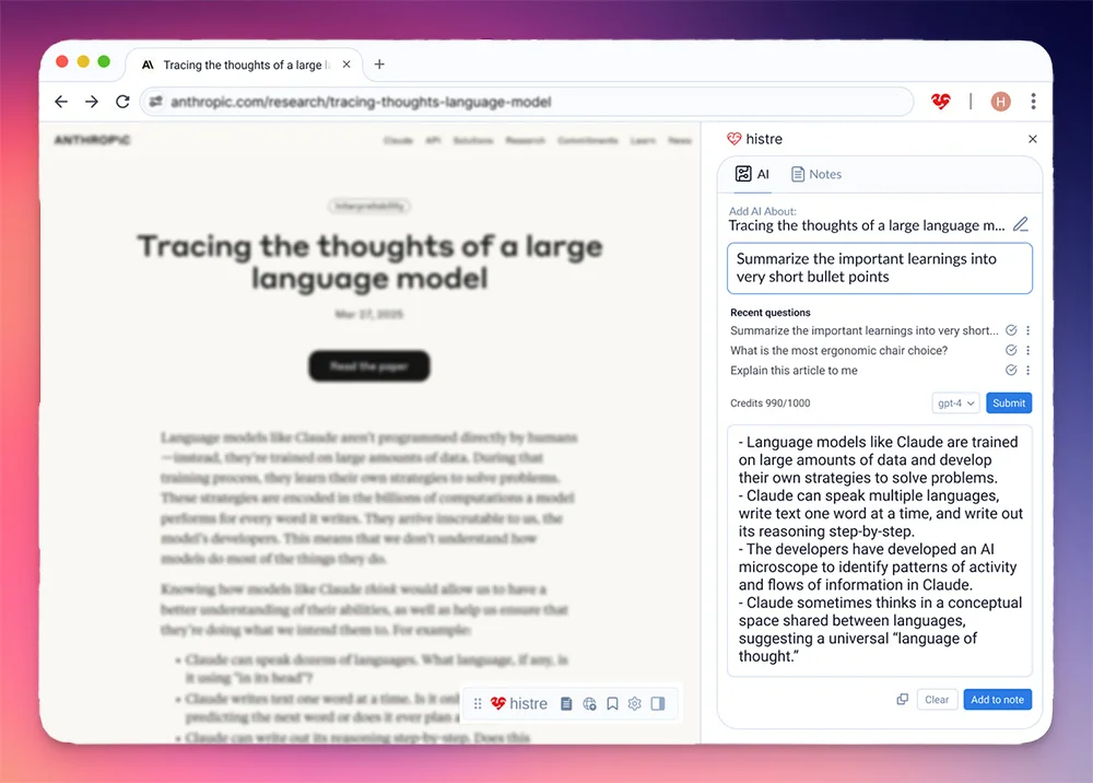 The histre sidebar on an Anthropic research article, with the question 'Summarize the important learnings into very short bullet points' and the AI's bullet-point answer below it