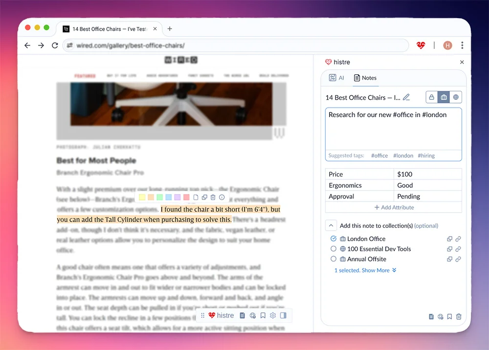 The histre extension beside a Wired article: a sentence is highlighted in yellow, and the sidebar holds a note with tags, a small table of facts and a list of collections to file it in